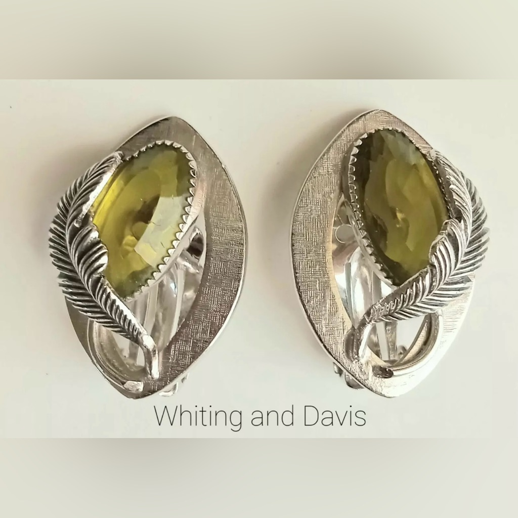 Whiting And Davis Olivine Glass Clip-On Earrings Signed